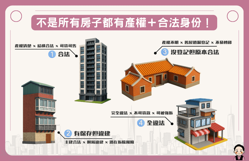 四種房屋合法性比較圖，包括合法建築、違建、未登記與三合院