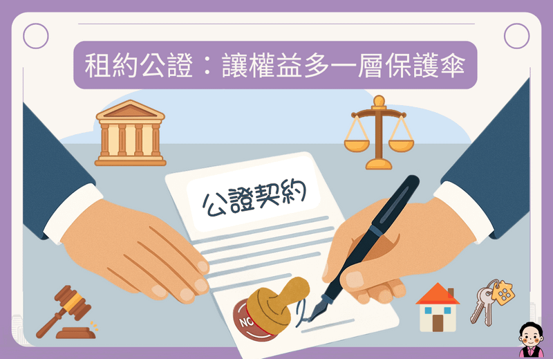 租約公證印章與法律文件,象徵租賃契約的法律保障與公平性。