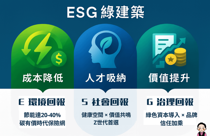 ESG綠建築的三大核心回報圖卡：包含降低營運成本的環境效益、吸引人才的社會效益，以及提升資產價值的治理效益。