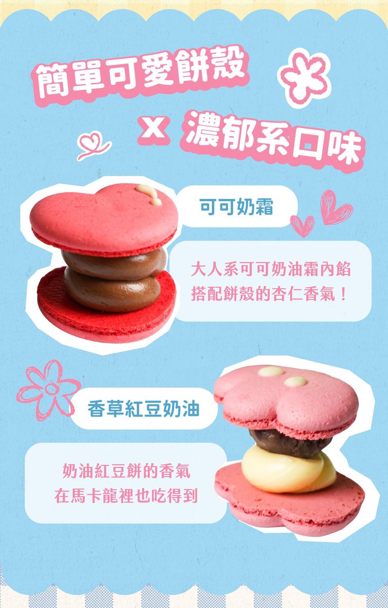 簡單可愛餅殼結合濃郁系口味，總共兩種組合：可可奶霜、香草紅豆奶油
